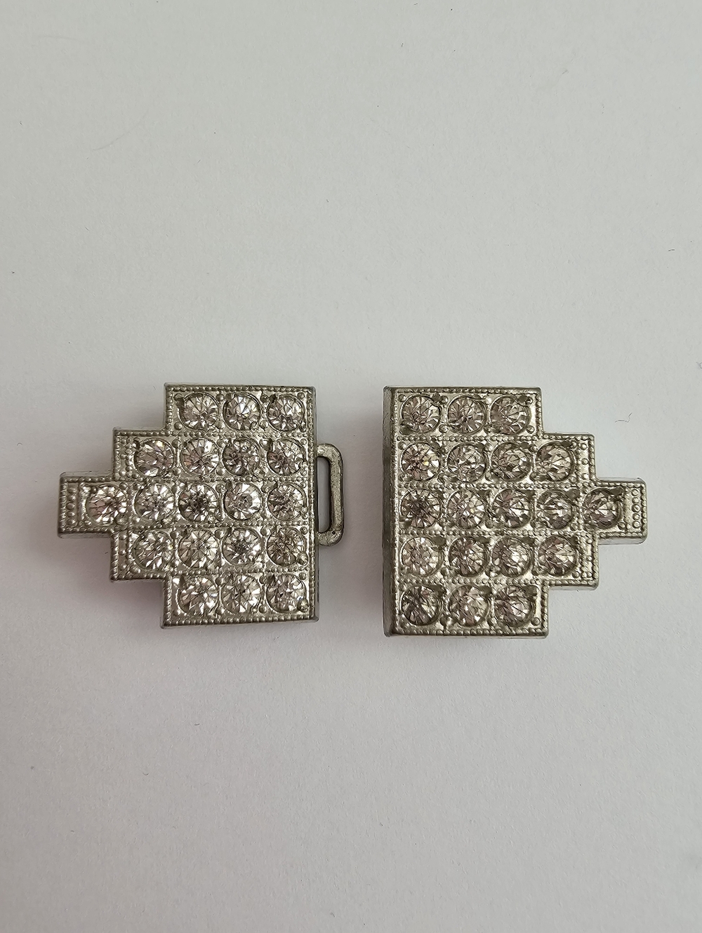 Vintage Art Deco Rhinestone Two-Piece Interlocking Sash Belt Buckle Silver Tone